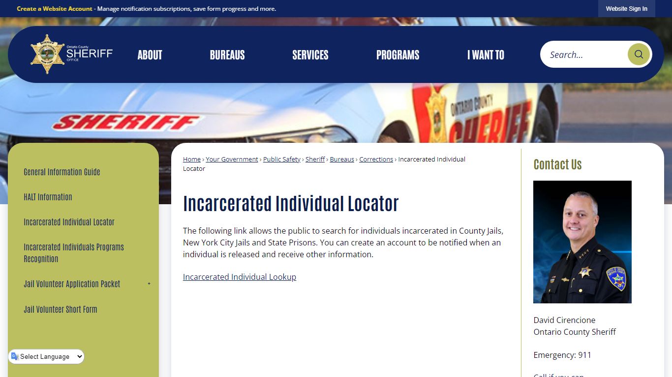 Incarcerated Individual Locator | Ontario County, NY - Official Website